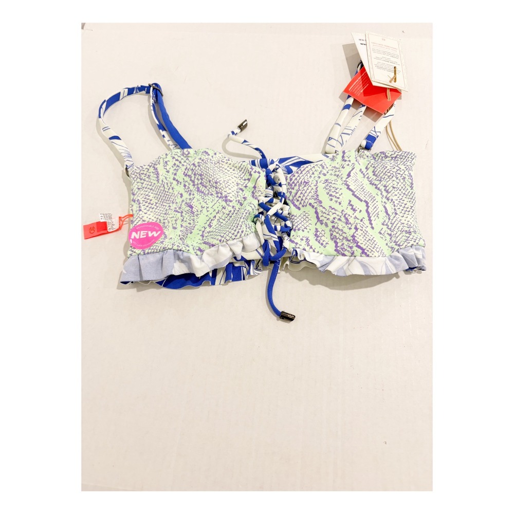 Maaji Reversible Bikini Top Snakeskin Floral Lace Up Ruffle Blue Purple New